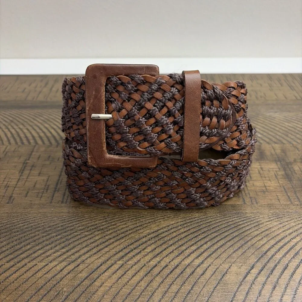Vintage Woven Leather Cotton Belt Wide Brown Boho Western Women Size S